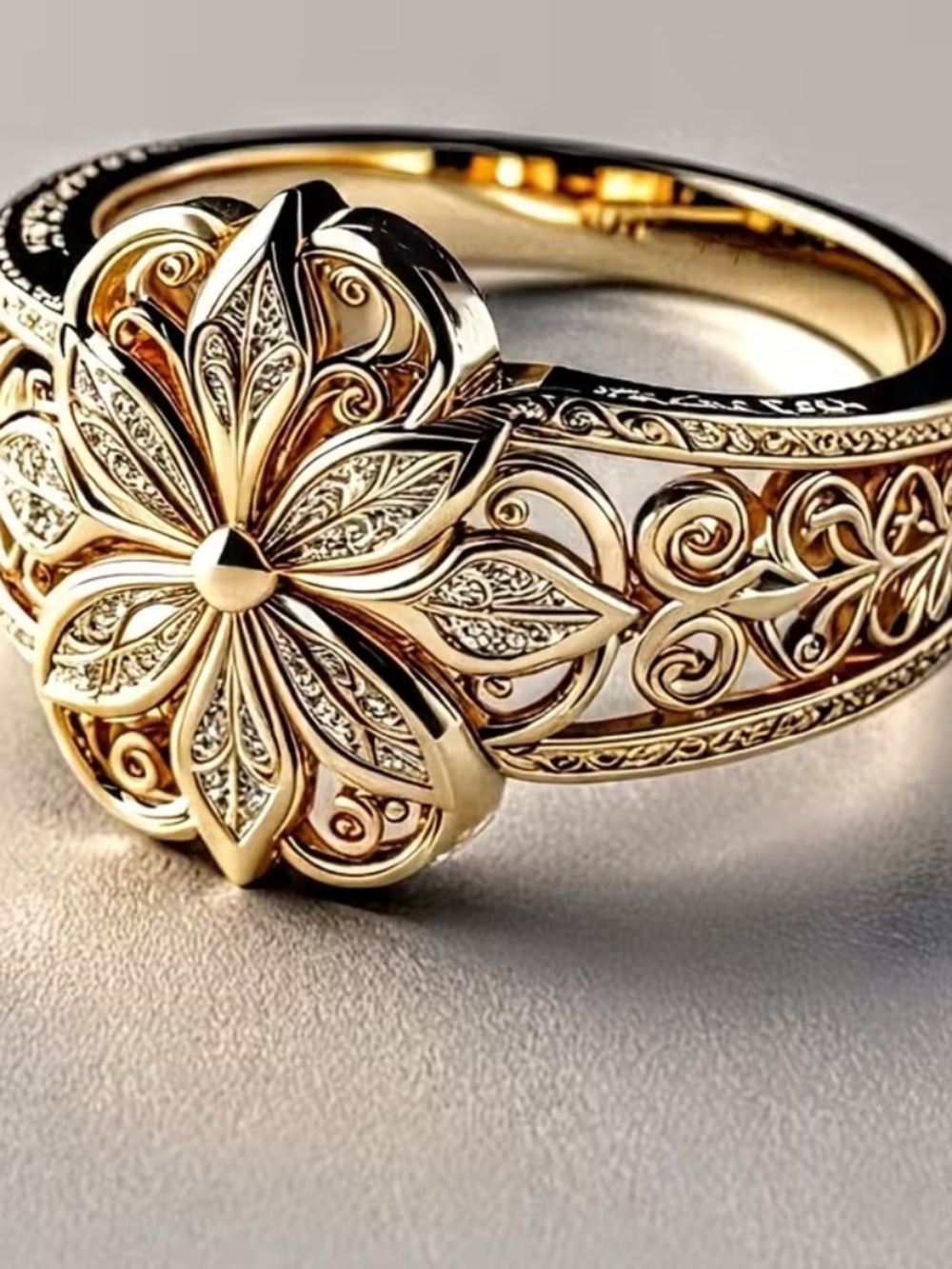 Gold Floral Engraved Statement Ring | Size 9